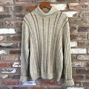 ITALIAN MERINO WOOL ALPACA Men's Beige Turtleneck Striped Sweater 54